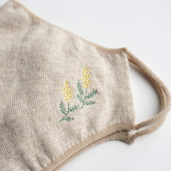 のびるニットマスク オーガニックコットン 植物染め ボタニカル ハーブの刺繍入り 五泉ニット