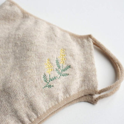 のびるニットマスク オーガニックコットン 植物染め ボタニカル ハーブの刺繍入り 五泉ニット