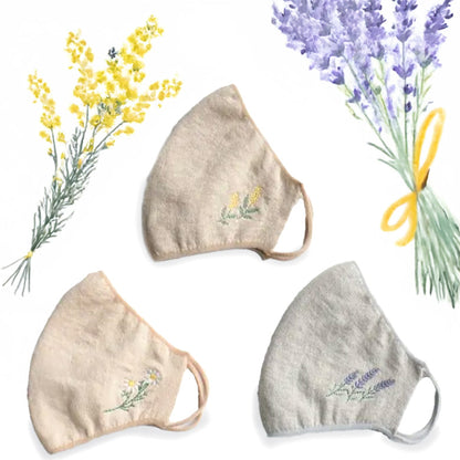 五泉ニットのマスク ボタニカル刺繍 ラベンダー ミモザ