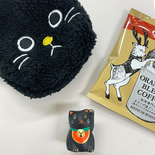 ハロウィン 黒猫セット 陶製みくじ もこもこ猫ポーチ ドリップパックコーヒー1個