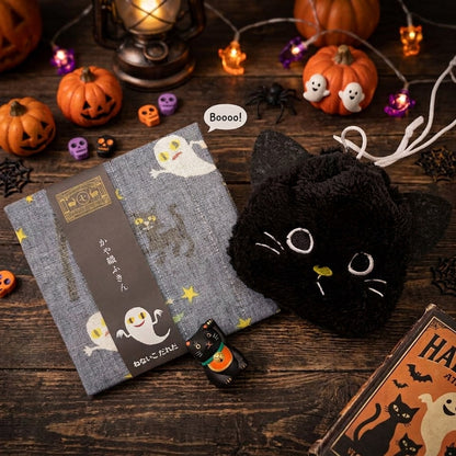 ハロウィン 黒猫セット 招き猫 ポーチ付きセット もこもこ猫ポーチ かや織ふきん