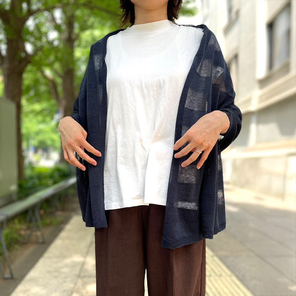 五泉ニット 麻の透けるボーダー ストールポンチョ カーディガン サイフク