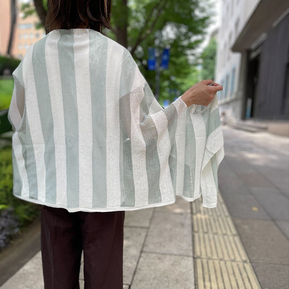 五泉ニット 麻の透けるボーダー ストールポンチョ カーディガン サイフク