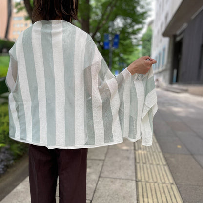五泉ニット 麻の透けるボーダー ストールポンチョ カーディガン サイフク