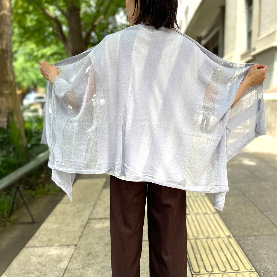五泉ニット 麻の透けるボーダー ストールポンチョ カーディガン サイフク